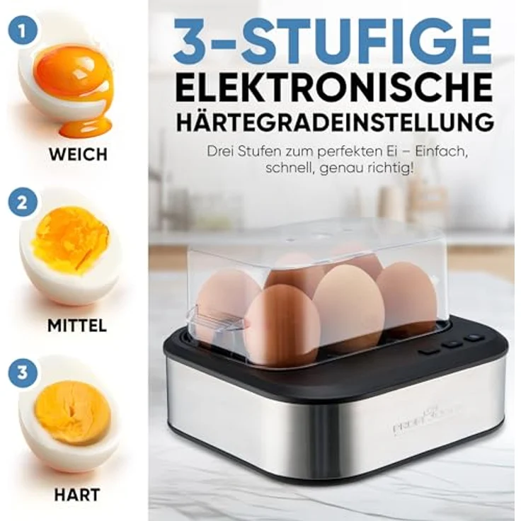 ProfiCook® PC-EK 1276 sprechender Eierkocher | kocht weich/mittel/hart | 6 Eier | Edelstahl mit Härtegradeinstellung – Bild 3