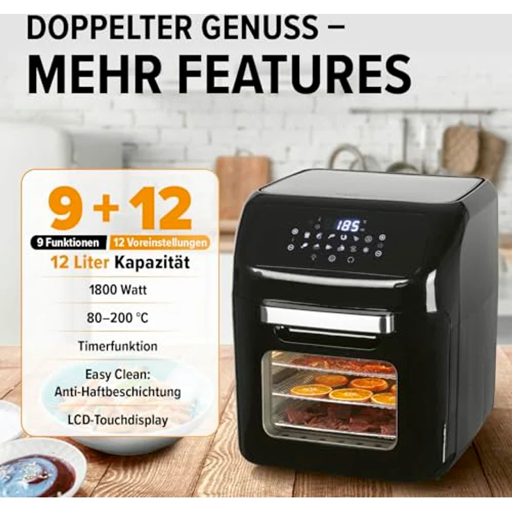 MAXXMEE 04703 Heißluft-Fritteuse, 1800W, ohne Fett, 12 l Fassungsvermögen, LED, Auftauen, Grill, Heißluft, Drehspieß, Display, schwarz – Bild 2