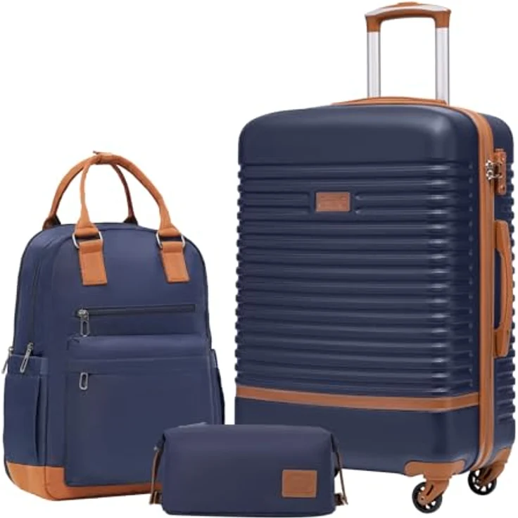COOLIFE Koffer Trolley Set, ABS-Hartschalen mit 4 Rollen, TSA-Schloss, inkl. Reiserucksack und Kulturbeutel, blau/braun, mittelgroß (3tlg) – Bild 1