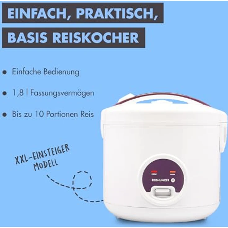 Reishunger Reiskocher - Reiskocher mit Keramikbeschichtung, 1,8 L, 700,00 W, Mit Dampfgarfunktion & Warmhaltefunktion, XXL-Version, schlichtes Design – Bild 2