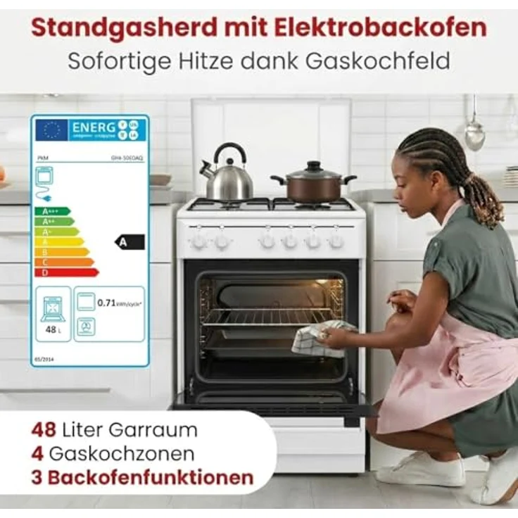 PKM GH4-50 EO AQ, Stand-Gasherd mit 4 Kochzonen, 9050 Watt, 3 Backofenfunktionen, Energieeffizienzklasse A, inkl. Grillrost & Fettpfanne – Bild 5