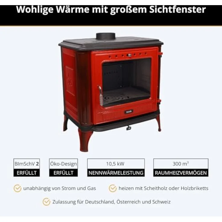 365® Kaminofen Ferrox 75, rot emailliert, 10,5 kW Nennwärmeleistung, Gusseisen, Scheibenspülung, Aschekasten – Bild 2