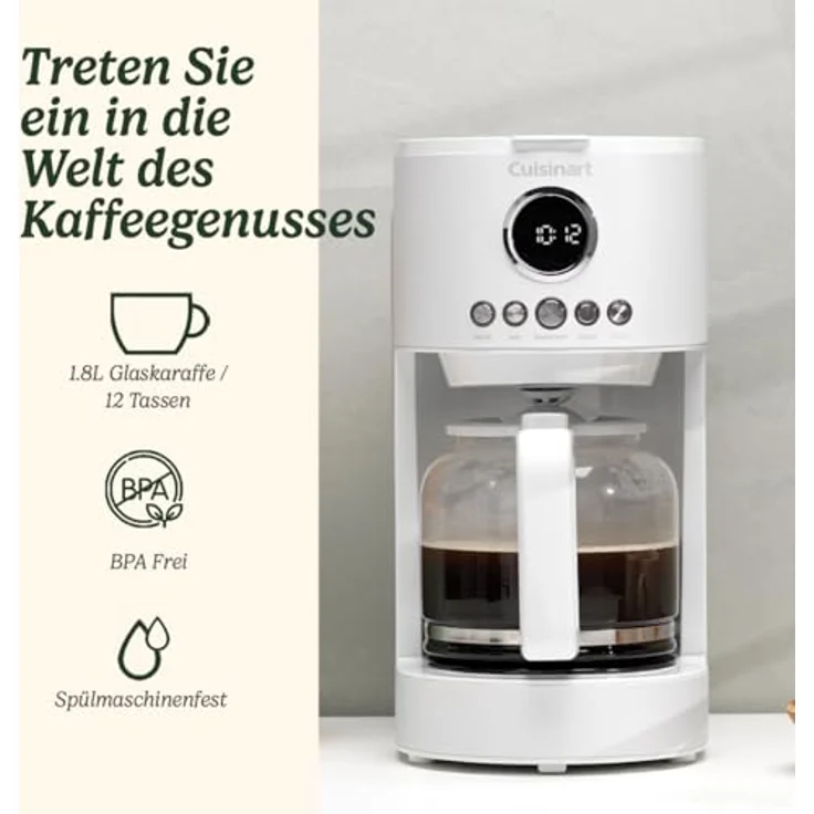 Cuisinart Filterkaffeemaschine | 1.8L Karaffe/12 Tassen, Schnellbrühfunktion, 24 Stunden programmierbarer Timer, 40 Minuten Warmhaltefunktion | Brausekopf-Extraktion, spülmaschinenfest | Kiesel Weiß – Bild 2