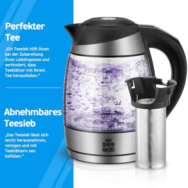 ForMe FKG-418 Glas-Wasserkocher, 2200W, 1,8 Liter, Warmhaltefunktion, LED, Temperatur einstellbar, transparent, silber, schwarz – Bild 3