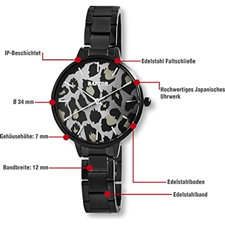 Raptor Damen-Uhr Edelstahl Armband Leo Print Animal Analog Quarz RA10186 (schwarz/goldfarbig) – Bild 4