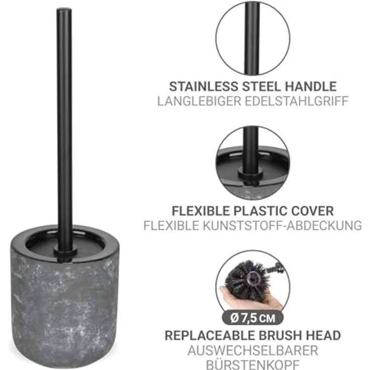 WENKO WC-Garnitur Mod. Sacile, freistehend in Betonoptik mit Keramik WC-Bürste, grau-schwarz, Ø 11,5 cm, Höhe 38 cm, Bürstenkopf 7,5 cm – Bild 4