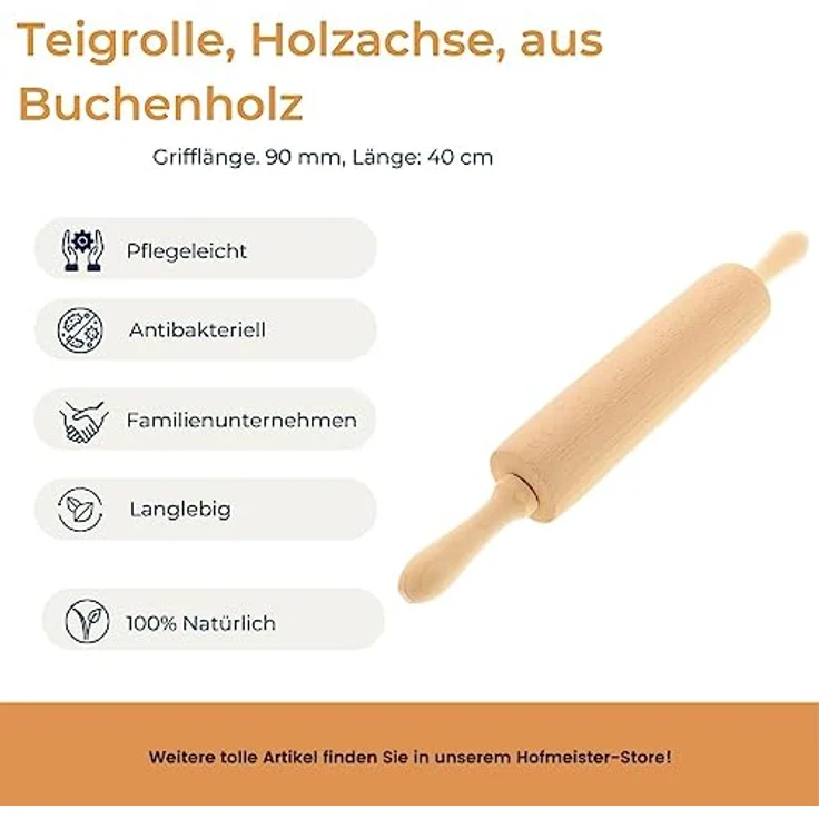 HOFMEISTER® Teigrolle, 40 cm, 100% EU-Naturprodukt, plastikfrei Kochen & backen, Robustes Nudelholz, Teig schnell & gleichmäßig ausrollen,  für jedes Backblech geeignet, langlebig – Bild 2