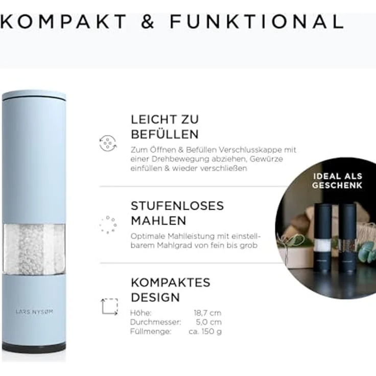 LARS NYSØM Salz und Pfeffer Mühle 2er Set Manuell mit einstellbarem Keramik-Mahlwerk von grob bis fein I Design Gewürzmühlenset (2 Stück) (Baby Blue) – Bild 4