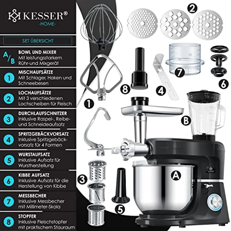 KESSER K-KM 3000 3 in 1 Universal Küchenmaschine, 1500W, 5,5L Schüssel, inkl. Fleischwolf, 3 Rührwerkzeuge, 1,5L Entsafter, Wurst Set Pasta & Plätzchenformen, schwarz – Bild 2