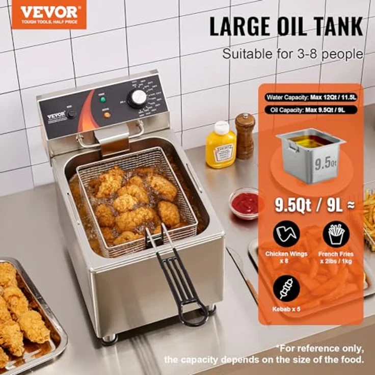 VEVOR Kommerzielle Fritteuse, 3100W Elektrische Aufsatzfritteuse mit 9 L Edelstahl Einölfritteuse für Restaurant Café Bar – Bild 2
