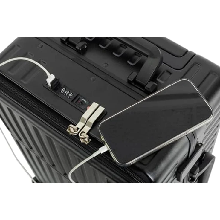 Travelhouse Hartschalen-Trolley Roma, Alu-Rahmen & Polycarbonat Hartschale, 4 Rollen, USB, Getränkehalter - 55cm, schwarz – Bild 3