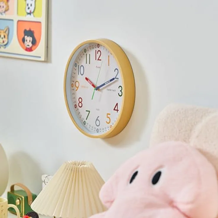 K&L Wall Art Wanduhr Holzoptik Lernuhr Kinderuhr leise Kinderwanduhr modern (Kinderlernuhr ohne Tickgeräusche) in Bunt, 30 cm Durchmesser, Kunststoffrahmen – Bild 5