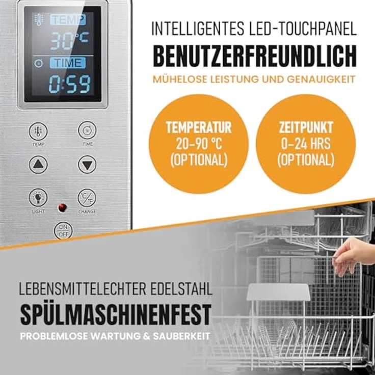 Bolkani Dörrautomat Edelstahl 500 W, Dehydrator mit Timer & Touchdisplay, 20–90 °C, 6 Edelstahlgitter, Tropfschale, leise Umluft, Innenbeleuchtung, BPA-frei – Bild 4