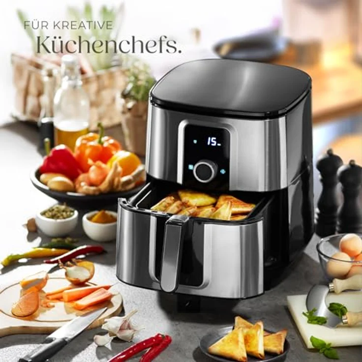 TecTake Ben Heißluftfritteuse, ohne Öl, 1800W, Fassungsvermögen 10,2 l, spülmaschinenfeste Teile, Display, Antihaftbeschichtung, Edelstahl, silber – Bild 9