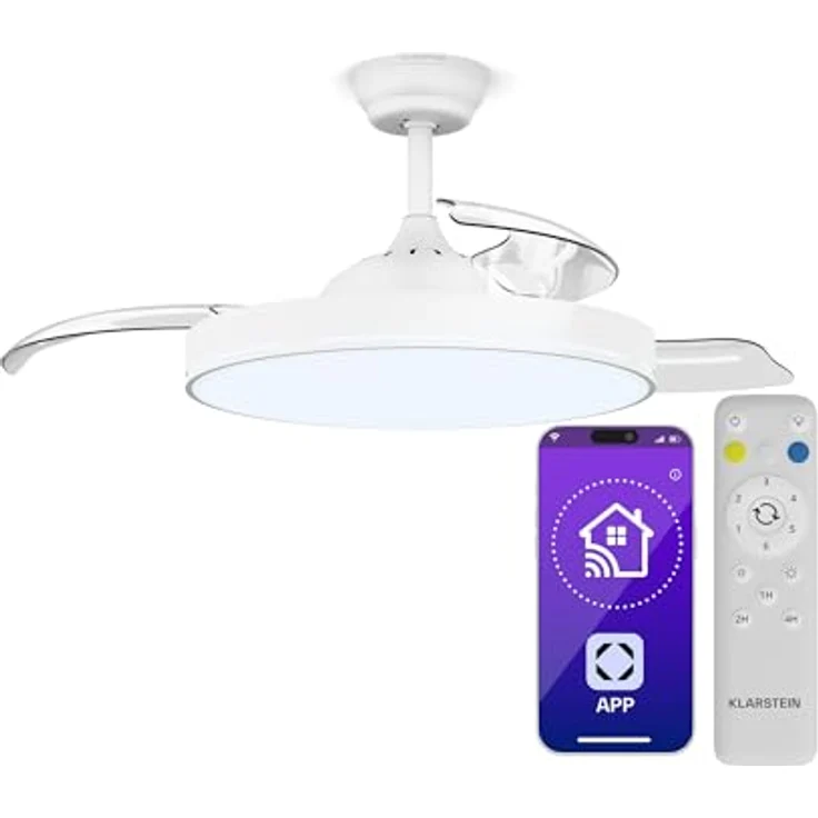 Klarstein AirFold Deckenventilator mit Beleuchtung, Smart App Steuerung, Einziehbare Flügel, Dimmbares LED-Licht, Fernbedienung, Leise, 107cm, Weiß – Bild 1
