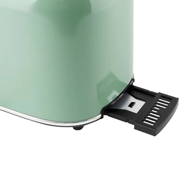 Emerio Toaster TO-133281, Retro-Toaster aus grünem Edelstahl mit 7 Bräunungsstufen, Auftau- und Aufwärmfunktion, automatischer Zentrierung, Abbruchfunktion, herausnehmbarer Krümelschublade und Brötchenwärmer – Bild 3