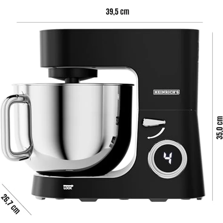 Heinrich's HKM 8080, Küchenmaschine 2500 W mit 8 L Edelstahl-Schüssel und 8 Geschwindigkeiten, Schwarz – Bild 2
