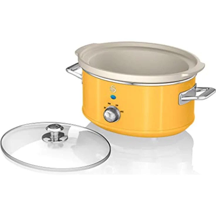 Swan Retro SF17021YELNEU Slow Cooker 3,5L Abnehmbarer Kochbehälter, PFOA- und PTFE-freier Keramischer Antihaft-Behälter, 3 Temperaturstufen, Glasdeckel, Vintage-Design, Gelb, 200W – Bild 4