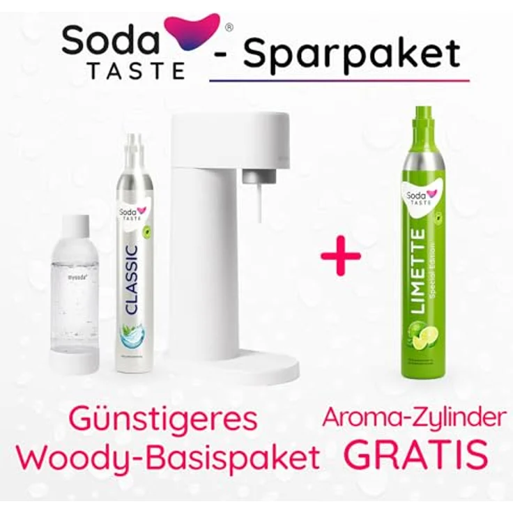 SodaTASTE Sparpaket: Mysoda Woody - Wassersprudler aus erneuerbarem Holzkomposit mit 1L BPA-freier Plastikflasche, CO2-Zylinder Classic + CO2-Zylinder Limette (Weiß) – Bild 2
