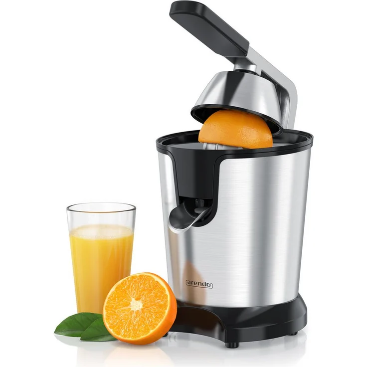 Arendo Zitruspresse, Entsafter elektrisch mit Edelstahlkegel, 1000 W, 0,45 L Behälter, 2 Presskegel, spülmaschinengeeignet, BPA-frei, schwarz-silber