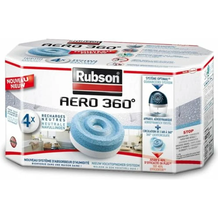 Rubson AERO 360° Nachfüllpackung, Feuchtigkeitsabsorbierer in Blau und Weiß, 4 Stück für 20 m² – Bild 1
