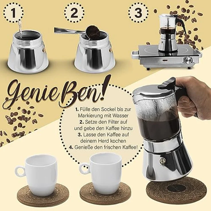 Lion Home Espressokocher, Edelstahl-Glas Design mit Kork-Untersetzern, für 6 Tassen, leicht zu reinigen – Bild 7