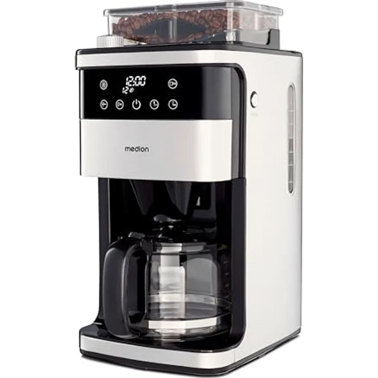 MEDION Kaffeemaschine mit Mahlwerk und Glaskanne (1,5 Liter, max. 12 Tassen, 8 Mahlstufen, max. 1050 Watt, 24 Stunden Timer, LED Display, Tropfstopp, Permanentfilter, MD19899) – Bild 1