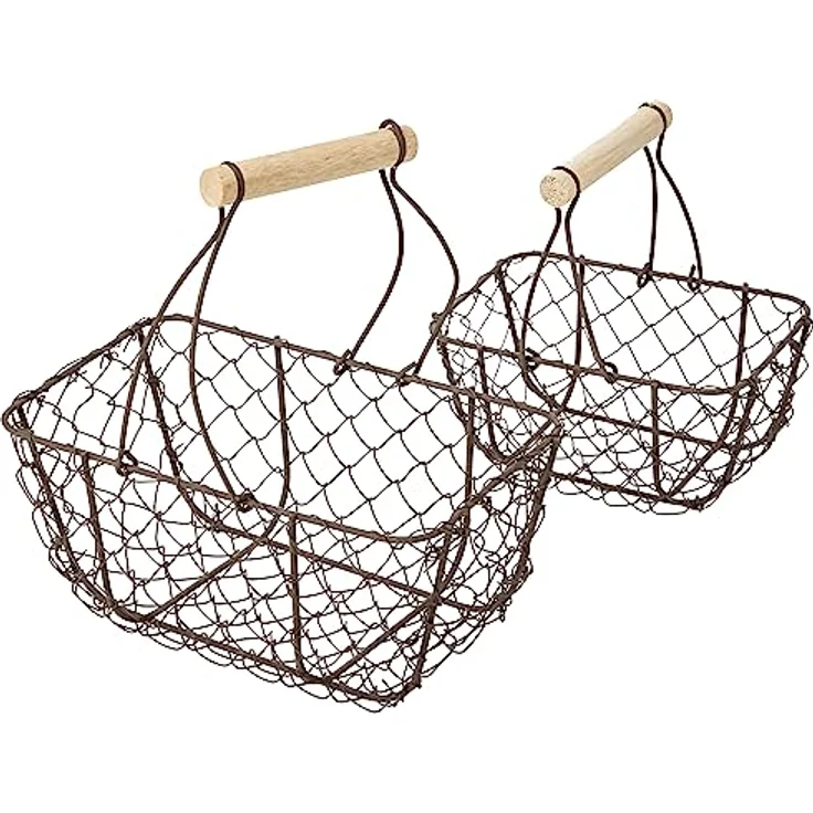 Rayher Hobby Set 2 Drahtkörbe, Nostalgisches Design mit Holztragegriff, kleiner Korb 15 x 10 x 16,5 cm, großer Korb 20 x 12 x 22 cm, Metallkörbchen in Mokka – Bild 2