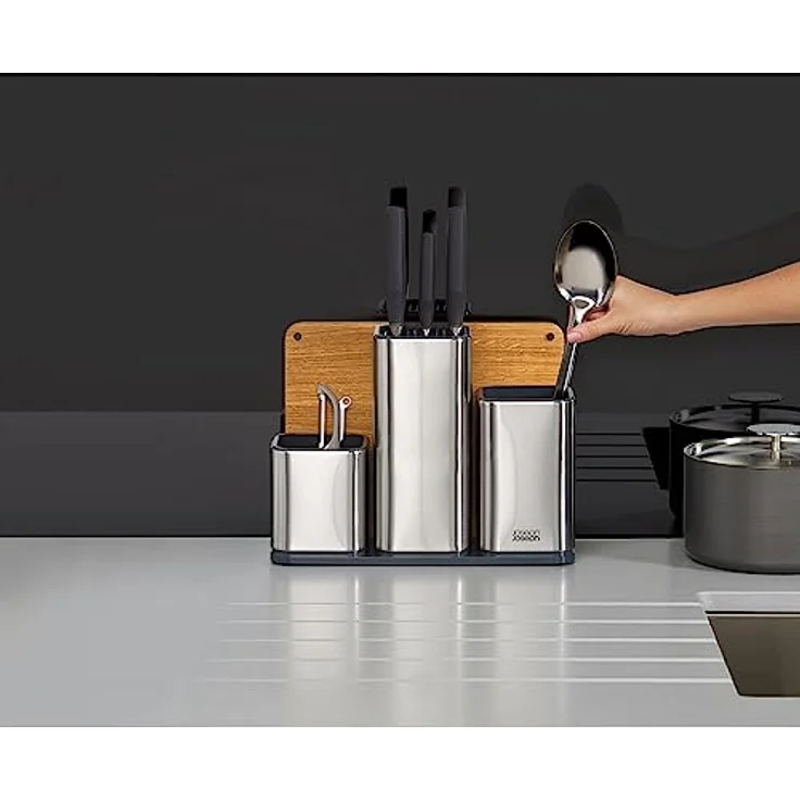 Joseph Joseph CounterStore - Küchenorganisator, Utensilienhalter aus Edelstahl und Schneidebrett aus Eichenholz – Bild 4