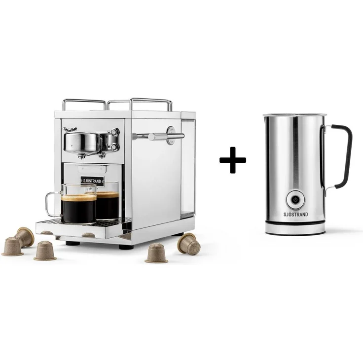 Sjöstrand Original 2, Kapsel-Kaffeemaschine mit Milchaufschäumer, 19-Bar Drucksystem, Edelstahl, Farbe: Steel