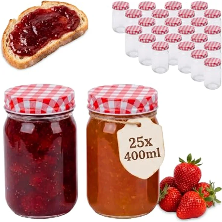 relaxdays Einmachglas Set 400 ml, 25er Pack, Twist-Off-Deckel, rot-weiß kariert, luftdicht, für Marmelade und Kompott