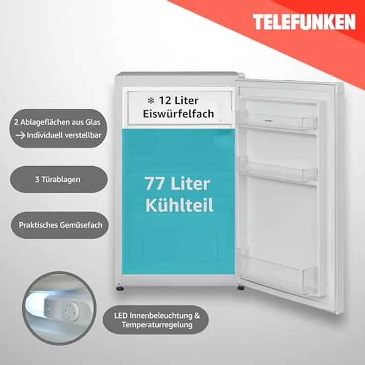 TELEFUNKEN Kühlschrank mit Gefrierfach/Eiswürfelfach | Freistehend | 89 Liter Nutzinhalt | Kühlschrank klein mit Gemüsefach | LED-Beleuchtung | Türanschlag wechselbar | CF-33-101-W2 weiß – Bild 3