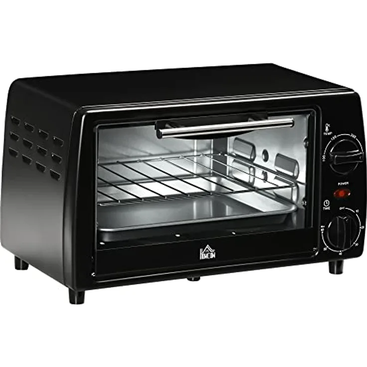 HOMCOM Mini Backofen 10 Liter 750W Kleiner Elektrobackofen mit Temperatur bis zu 230 ℃ Timer 60 Minuten Backblech und Rost 36,5x26x22 cm Schwarz