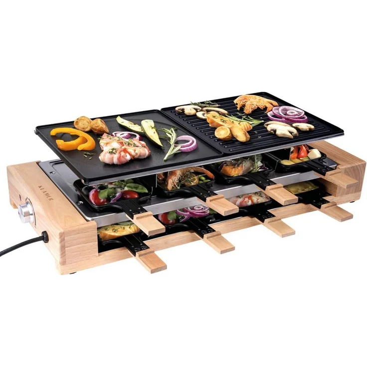 KLAMER Raclette 8 Personen, 1500W Raclette Grill mit Holzgestell, Raclette mit antihaftbeschichteter Grillplatte, 1500