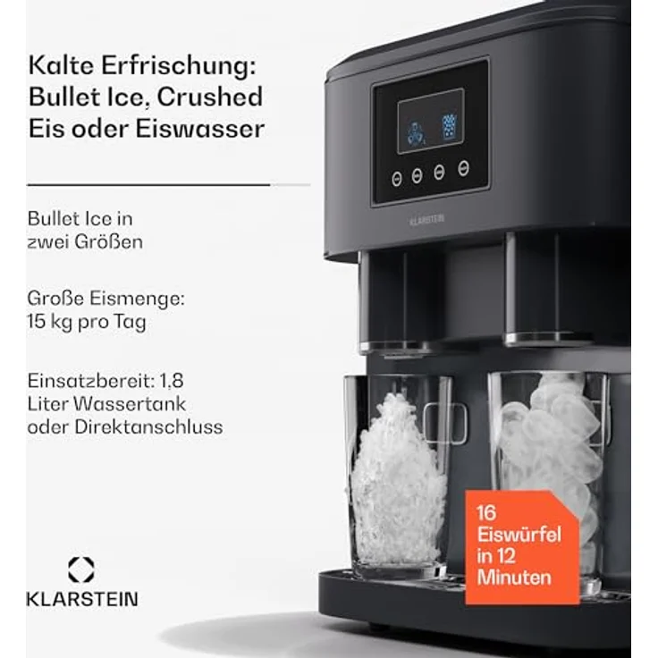 Klarstein Eiswürfelmaschine für Zuhause Camping Gastro, Schnelle Mini-Eiswürfelmaschine Klein, Profi Eismaschine für Crushed Eis, Große & Kleine Eiswürfel, 1,8L Wassertank, 15kg Eis in 24h – Bild 2