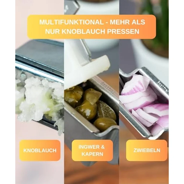 Thiru Premium Knoblauchpresse - 2 Edelstahl Einsätze für feines & grobes Knoblauchhack - Ideal für Ingwer, Zwiebeln & Kapern - Kein Schälen notwendig - inkl. E-Book mit 25 Rezepten - Made in Germany – Bild 2