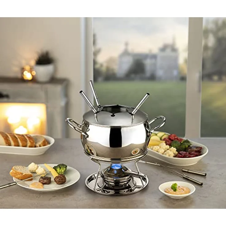 APS Fondue- und Feuerzangenbowle Set, Zuckerzange, Feuerzange, Fondue-Topf, Edelstahldeckel, hochglanzpoliert, Gestell, verchromt, Schöpfkelle, für ca. 2,2 Liter Flüssigkeit, Ø22 cm, 23 cm Höhe – Bild 3