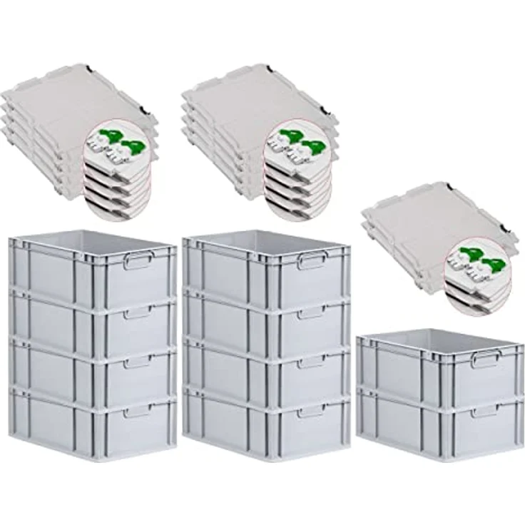 PROREGAL Eurobox NextGen Grip SuperSparSet, 10x Transportbox mit Scharnierdeckel, 44 L, grau, HxBxT 22x40x60 cm, mit grünen Schiebeschnappverschlüssen – Bild 1