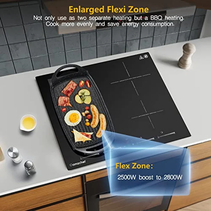 AMZCHEF Induktionskochfeld 60cm mit Flexzonen für BBQ, 4 Boost-Zonen, 9 Stufen, 7400W, Touchscreen - Schwarz – Bild 3