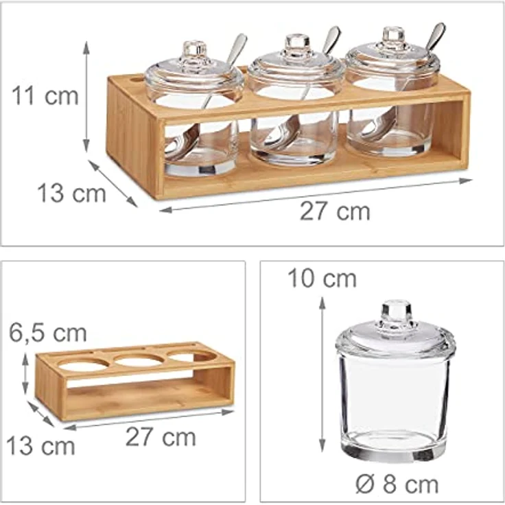 Relaxdays Gewürzgläser 3er Set, mit Bambus Halter, Glas Zuckerdose mit Löffel & Deckel, Salzbehälter, natur/transparent, 10032147, 11 x 27 x 13 cm – Bild 4