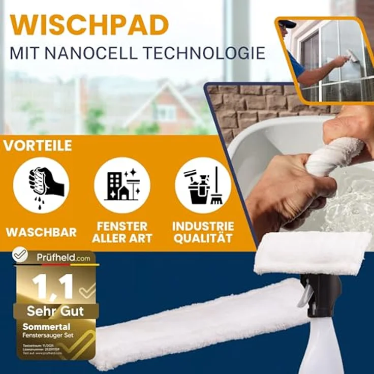 Sommertal Akku-Fenstersauger Set, 1600Pa Saugleistung, 25 Min Akkulaufzeit, inkl. Sprühflasche & Mikrofaserpad, streifenfreier Fensterputz – Bild 4