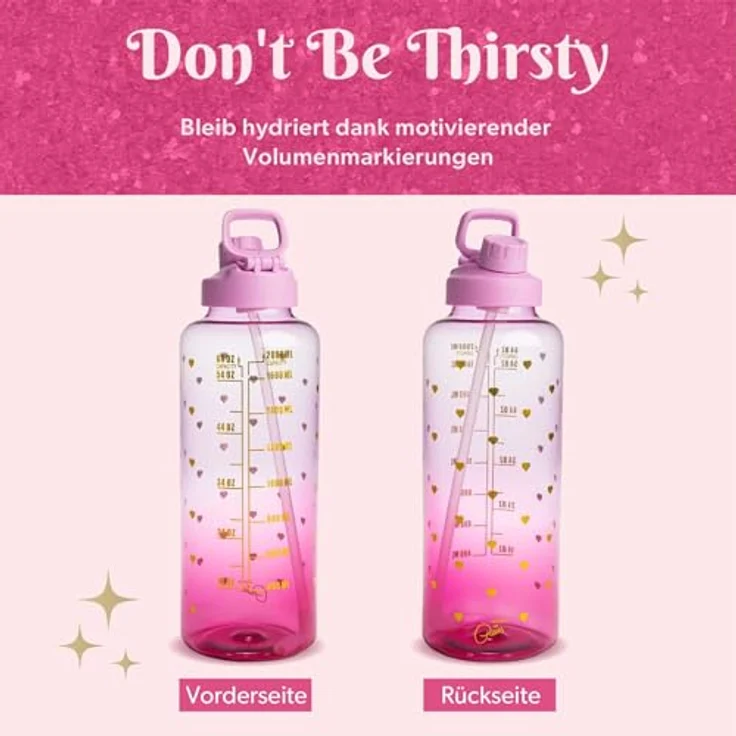 Paris Hilton Motivations-Trinkflasche, 1,8 Liter, lila, auslaufsicher mit Strohhalm – Bild 4