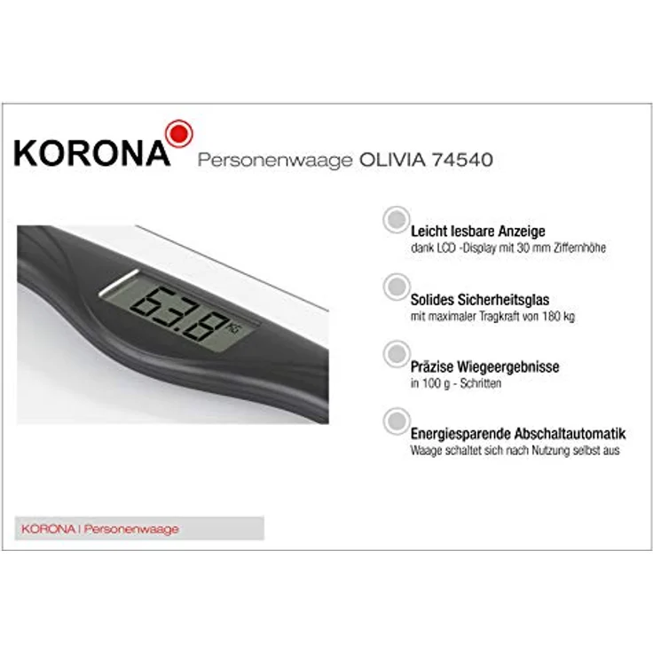 Korona 74540 Olivia Glas-Personenwaage, solide und stabile Bauweise, schwarz, digital 180 kg Tragkraft, 100 Gramm Einteilung – Bild 6