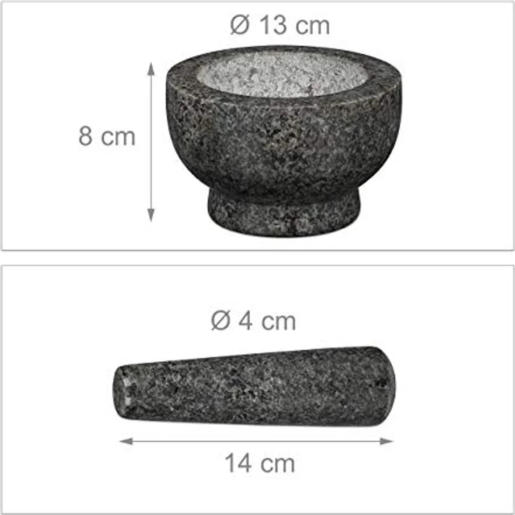 Relaxdays Granit Mörser mit Stößel, robust & langlebig, Gewürze, Kräuter, polierter Steinmörser, Ø 13 cm, 250 ml, grau – Bild 5