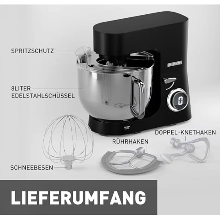 Heinrich's HKM 8080, Küchenmaschine 2500 W mit 8 L Edelstahl-Schüssel und 8 Geschwindigkeiten, Schwarz – Bild 7