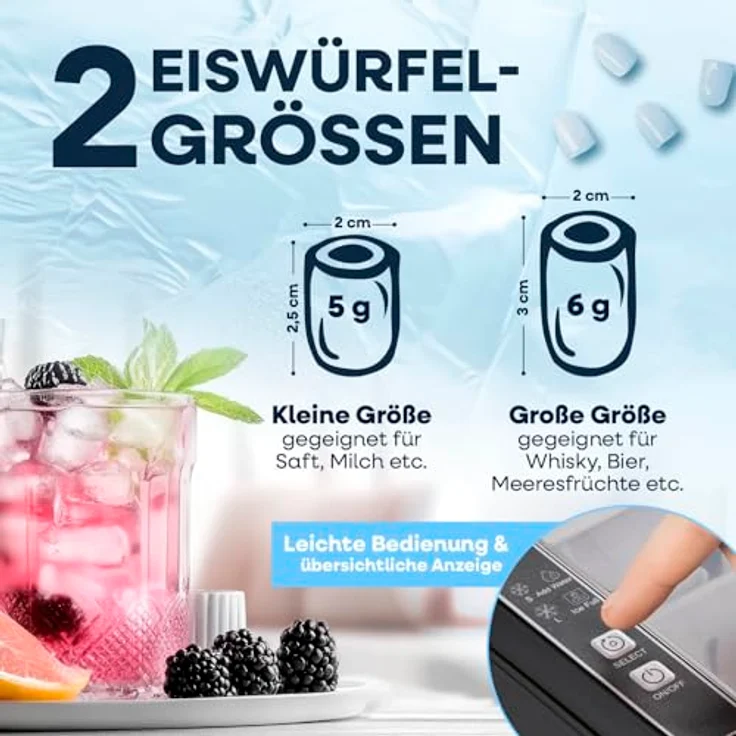 GOURMETmaxx Eiswürfelmaschine, 150W, inkl. Auffangbehälter & Eisschaufel, 2 Eiswürfelgrößen, 12 kg Eis/24h, kompaktes Design – Bild 4