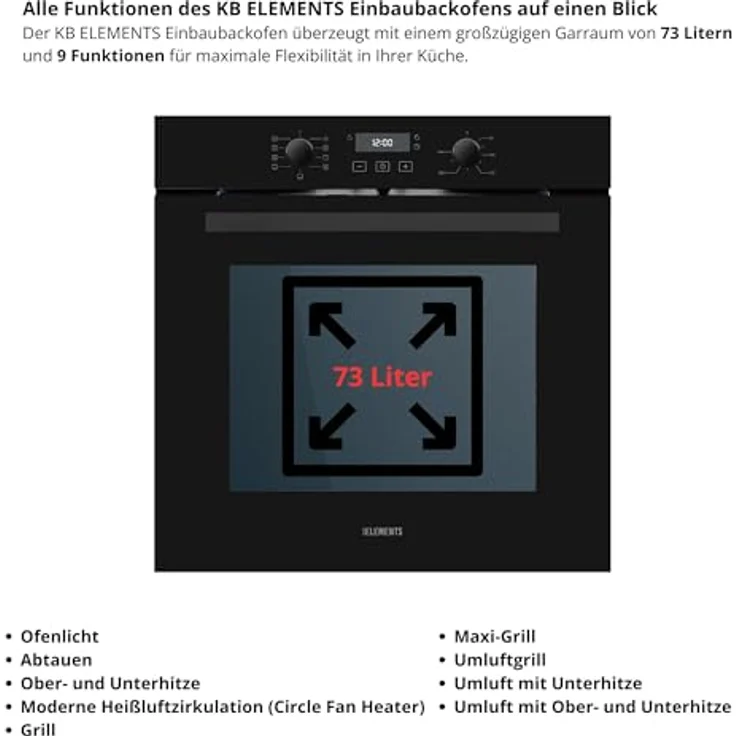 KB ELEMENTS ELK75EV1 Einbaubackofen 60 cm, 73 Liter, Aqua Clean, Circle Fan Heater, Wide-Screen-Window, versenkbare Drehknebel, 3000 Watt – Bild 2