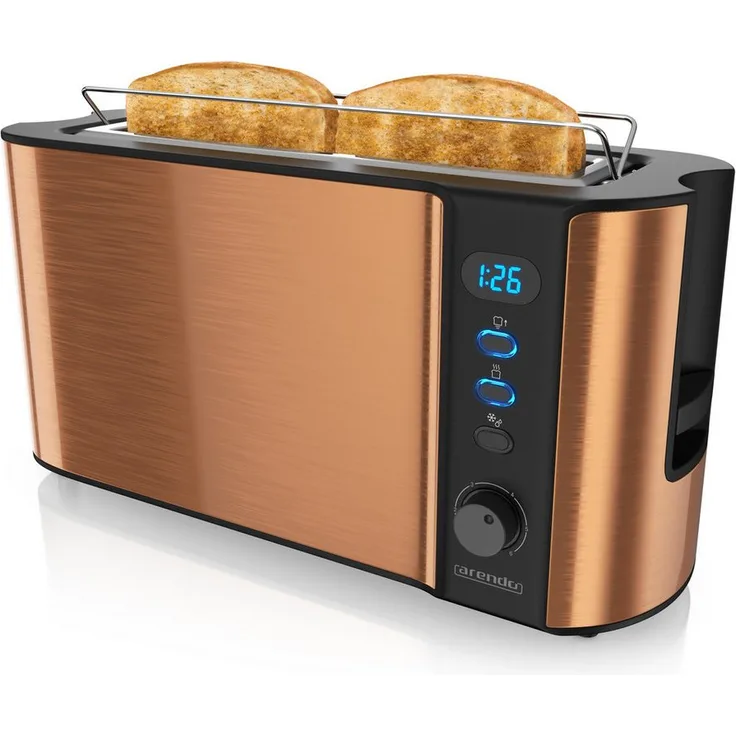 Arendo Frukost Langschlitz-Toaster, 2 Scheiben, 1000 W, Brötchenaufsatz, Display, Edelstahl