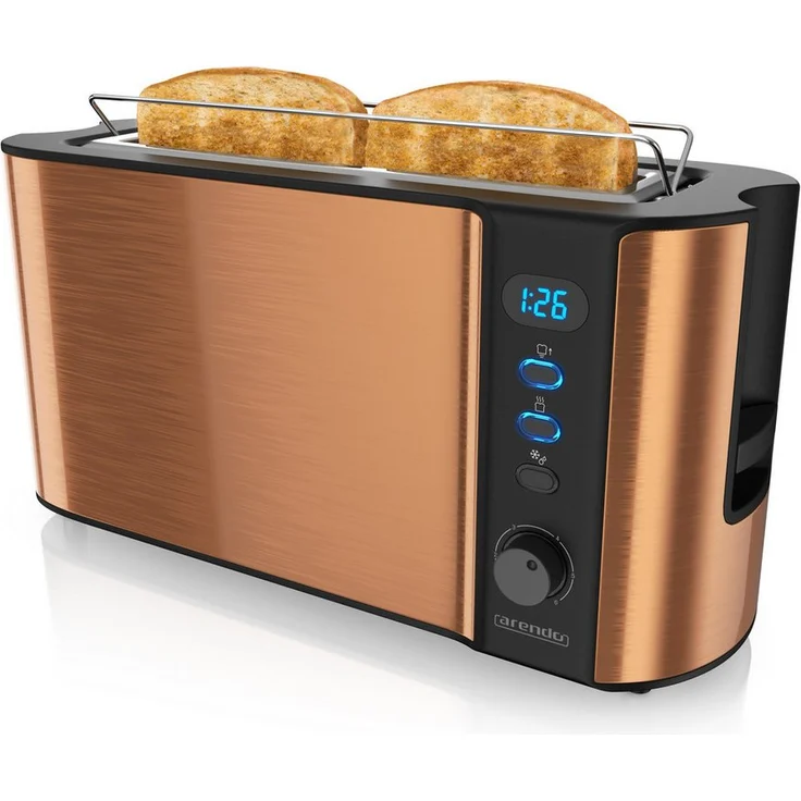 Arendo Frukost Langschlitz-Toaster, 2 Scheiben, 1000 W, Brötchenaufsatz, Display, Edelstahl