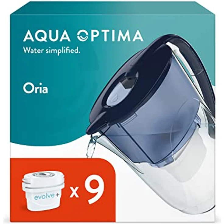 Aqua Optima Oria Wasserfilterkanne & 9 x 30 Tage Evolve+ Wasserfilterkartusche, 2,8 Liter Fassungsvermögen, zur Reduzierung von Mikroplastik, Chlor, Kalk und Verunreinigungen, Weiß – Bild 1